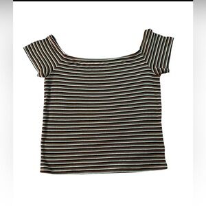 American Eagle soft & sexy rib off-the-shoulder crop top w/ stripes.